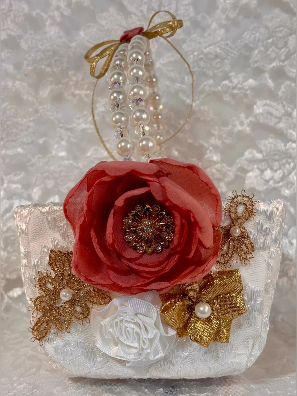 🥂 Gold White and Rose Blush Ring Pillow and Flower Basket Set